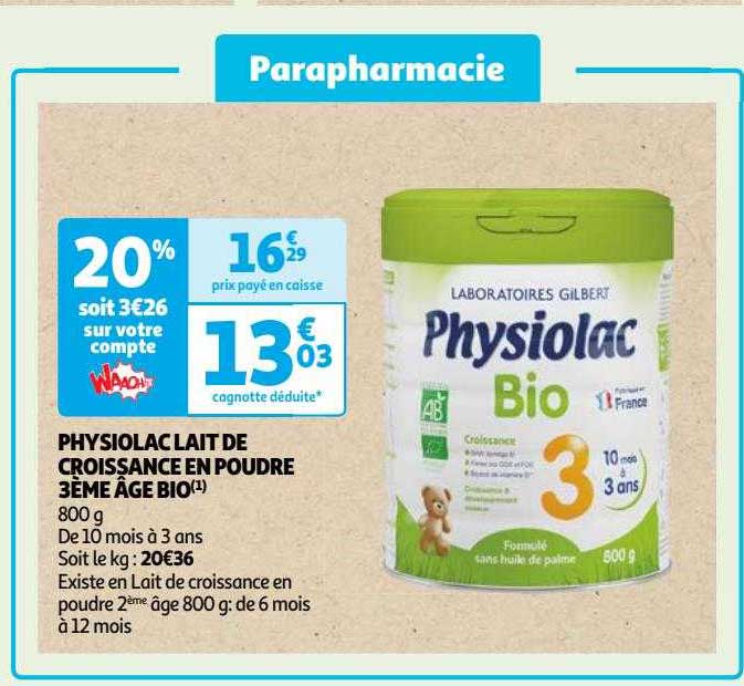 physiolac lait de croissance en poudre 3ème âge bio