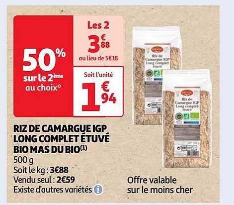riz de camargue igp long complet étuvé bio mas du bio
