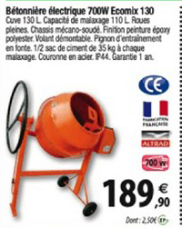 bétonnière électrique 700w ecomix 130