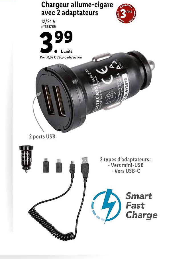 chargeur allume cigare avec 2 adapteurs