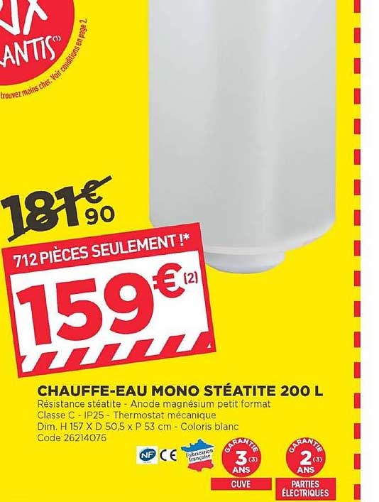 chauffe eau mono stéatite 200 l