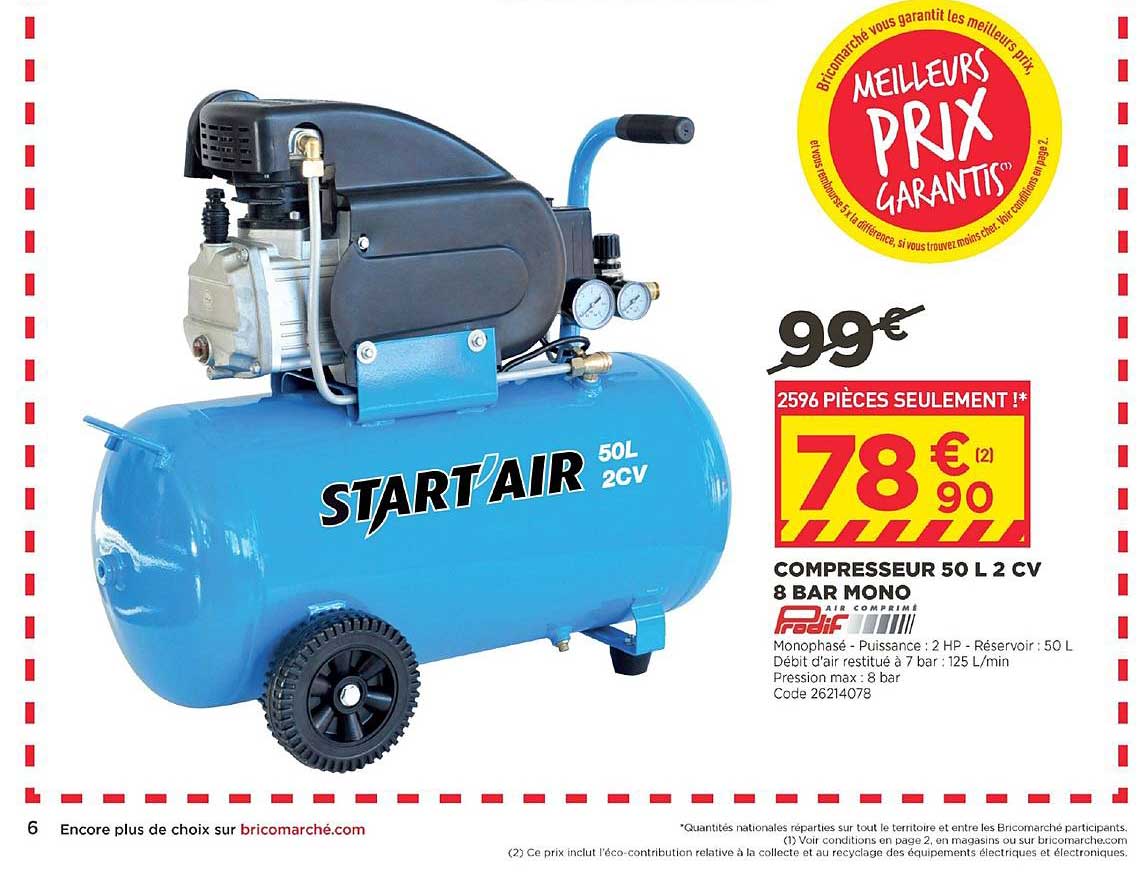 compresseur 50 l 2 cv 8 bar mono prodif