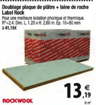 doublage plaque de plâtre + laine de roche label rock rockwool