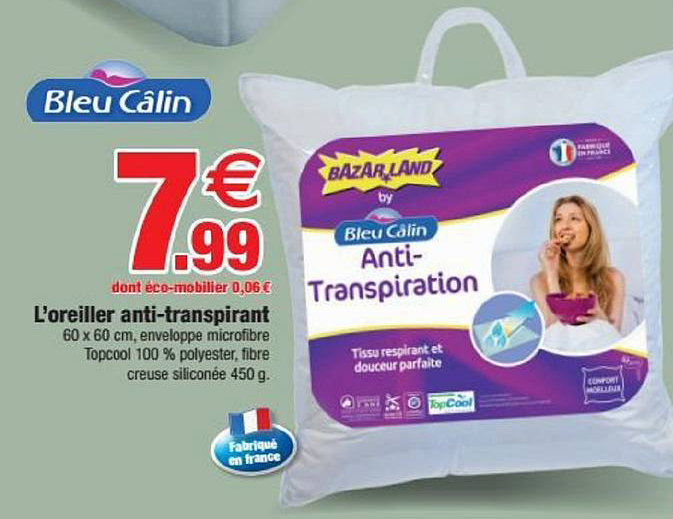 l'oreiller anti transpirant bleu câlin