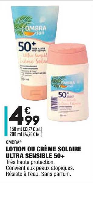 lotion ou crème solaire ultra sensible 50+ ombra