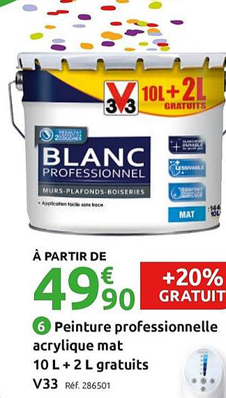 peinture professionnelle acrylique mat 10 l + 2 l gratuits v33