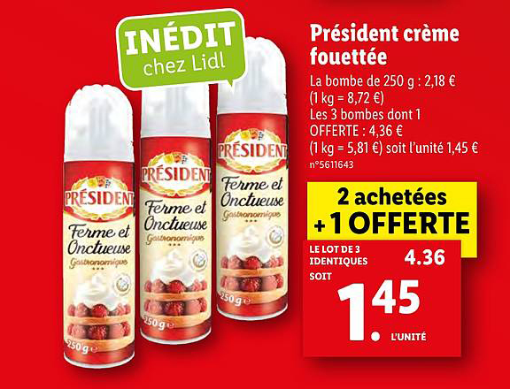 président crème fouettée 2 achetées +1 offerte