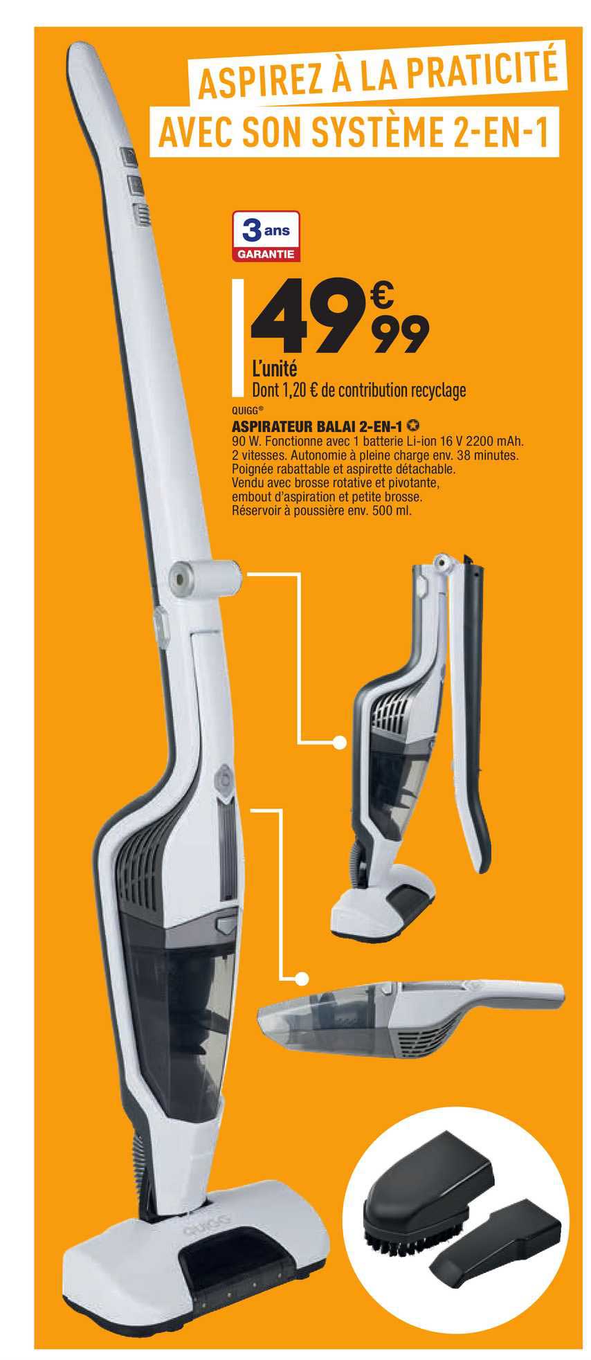 aspirateur balai 2-en-1 quigg