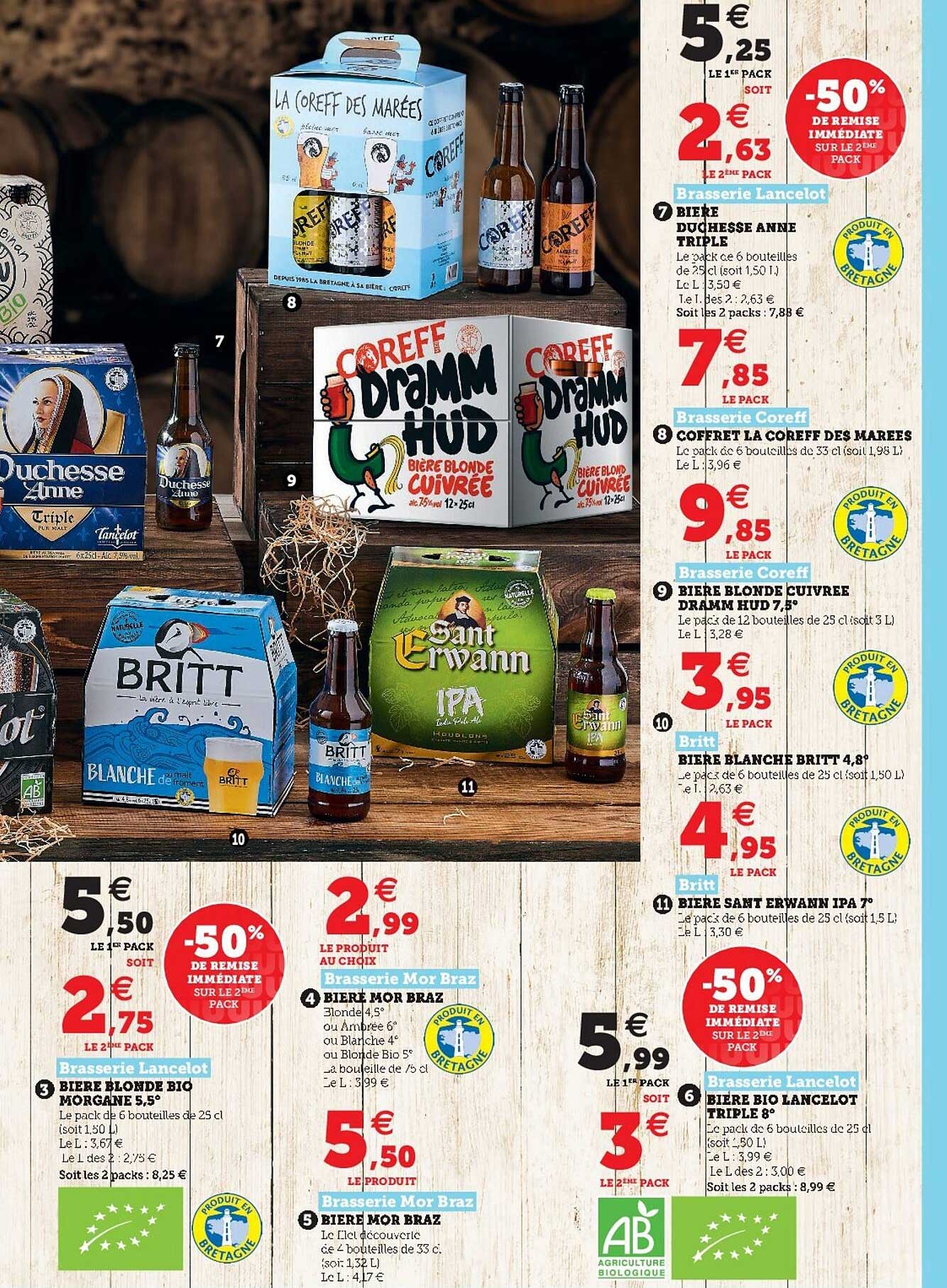 bière blonde bio morgan 5,5°, bière mor braz, bière langelot triple 8°, bière sant erwann ipa 7°, bière blanche britt 4,8°, bière blonde cuivres dramm hud 7,8°