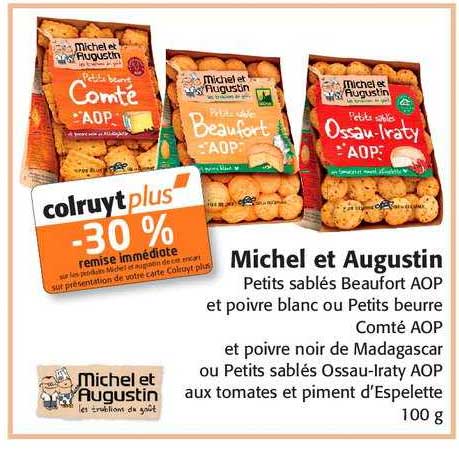 michel et augustin petits sablés beaufort aop et poivre blanc ou petits beurre comté aop et poivre noir de madagascar ou petits sablés ossau-iraty aop aux tomates et piment d'espelette