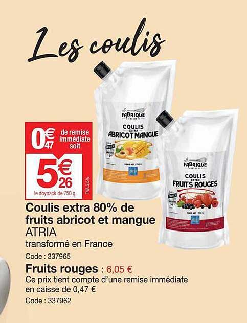 Coulis Extra 80% De Fruits Abricot Et Mangue Atria, Fruits Rouges
