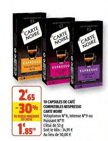 10 capsules de café compatibles nespresso carte noire