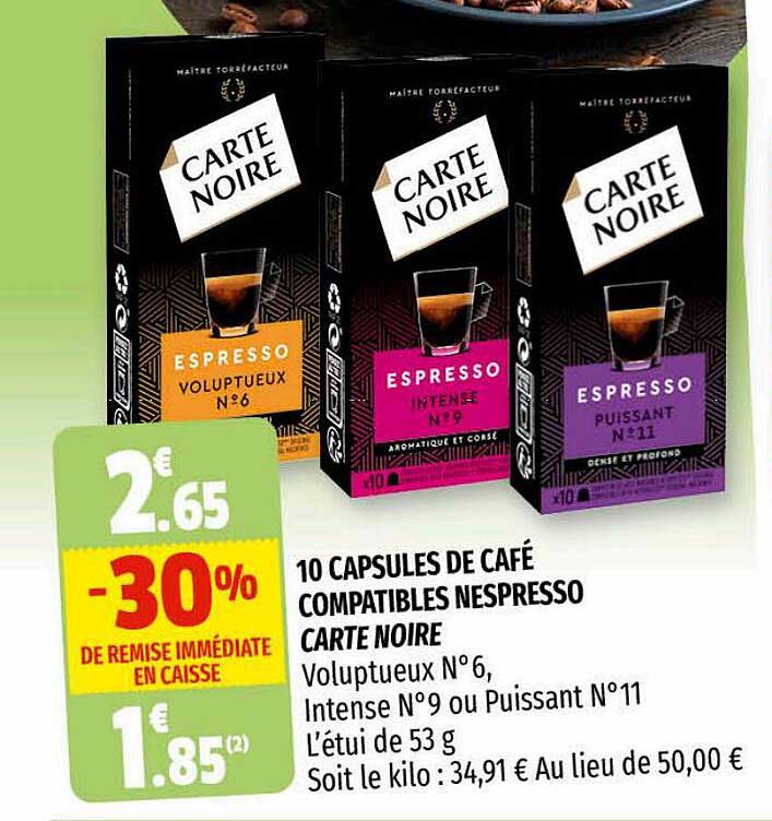 10 capsules de café compatibles nespresso carte noire
