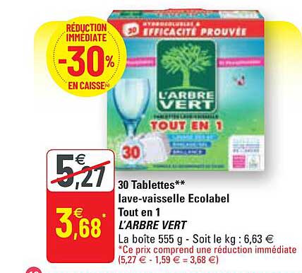 30 tablettes lave-vaisselle ecolabel tout en 1 l'arbre vert