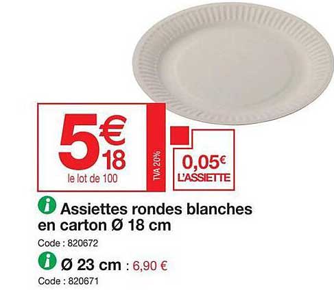 assiettes rondes blanches en carton ø18 cm, ø 23 cm