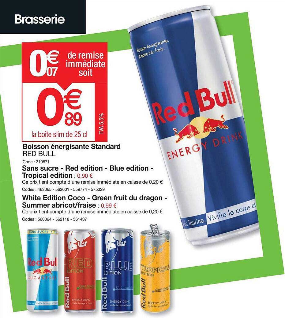 boisson énergisante standard red bull, sans sucre, red edition, blue edition, tropical edition, white edition coco, green fruit du dragon, summer abricot-fraise