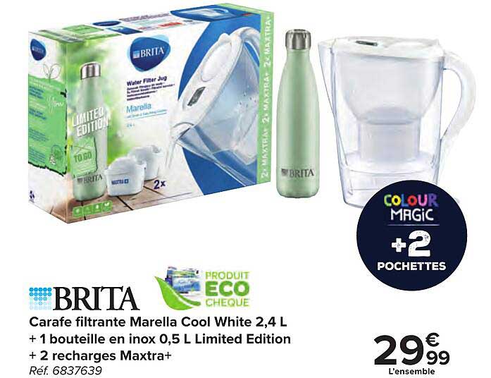 carafe filtrante marella cool white 2,4 l brita + 1 bouteille en inox 0,5 l limited édition + 2 recharges maxtra+