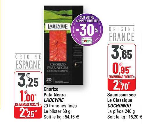 chorizo pata negra labeyrie, saucisson sec le classique cochonou