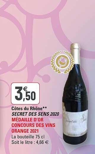 côtes du rhône secret des sens 2020 médaille d'or concours des vins orange 2021