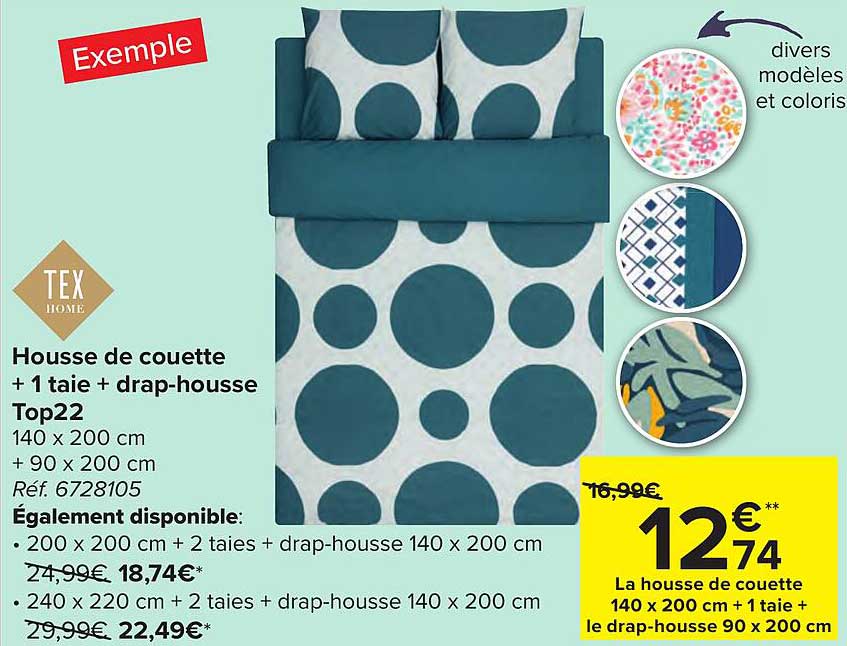 housse de couette + 1 taie + drap-housse top22 tex home
