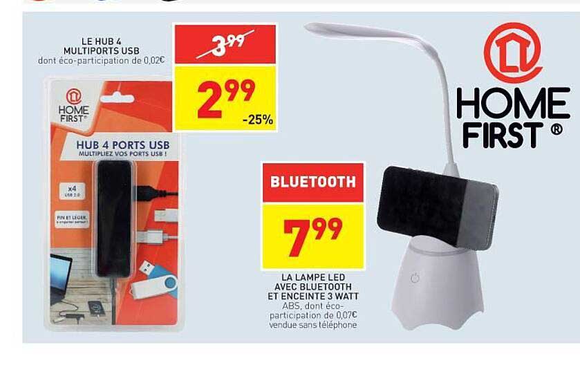 le hub 4 multiports usb, la lampe led avec bluetooth et enceinte 3 watt