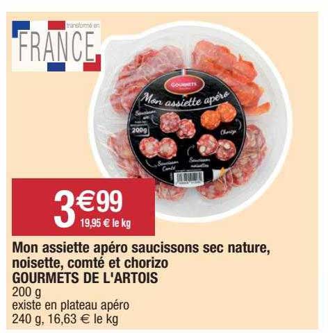 mon assiette apéro saucissons sec nature, noisette, comté et chorizo gourmets de l'artois