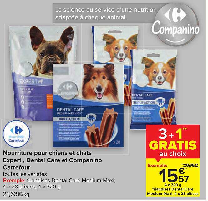 nourriture pour chiens et chats expert, dental care et companino carrefour