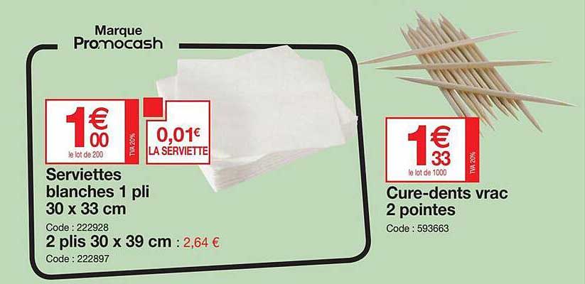 Serviettes Blanches 1 Pli 30 X 33 Cm, 2 Plis 30 X 39 Cm, Cure-dents Vrac 2 Pointes