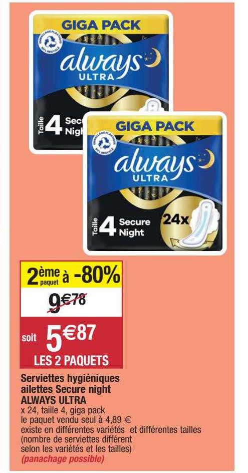 serviettes hygiéniques ailettes secure night always ultra
