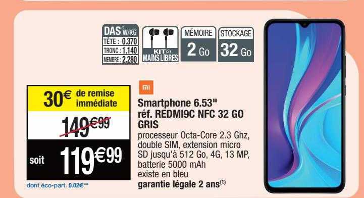 smartphone 6.53" redmi9c nfc 32 go gris