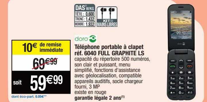 téléphone portable à clapet 6040 full graphite ls doro