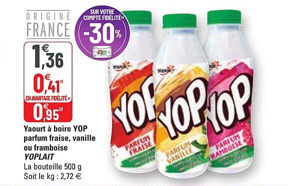 Yaourt à Boire Yop Parfum Fraise, Vanille Ou Framboise Yoplait