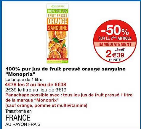 100% pur jus de fruit pressé orange sanguine "monoprix"