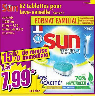 62 tablettes pour lave-vaisselle tout en 1 sun