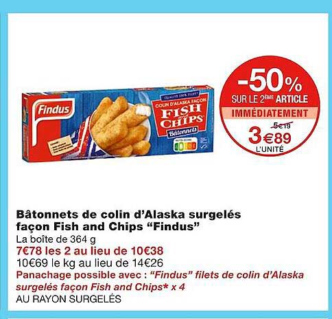 bâtonnets de colin d'alaska surgelés façon fish and chips "findus"