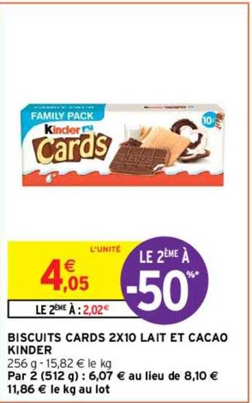 biscuits cards 2x10 lait et cacao kinder