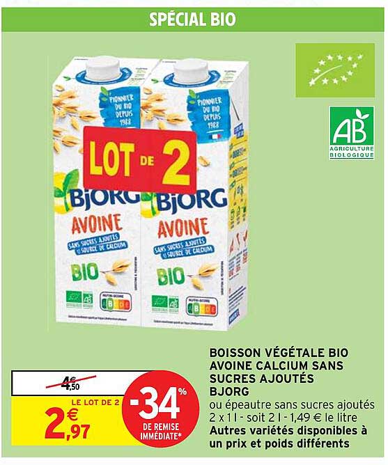 Boisson Végétale Bio Avoine Calcium Sans Sucres Ajoutés Bjorg