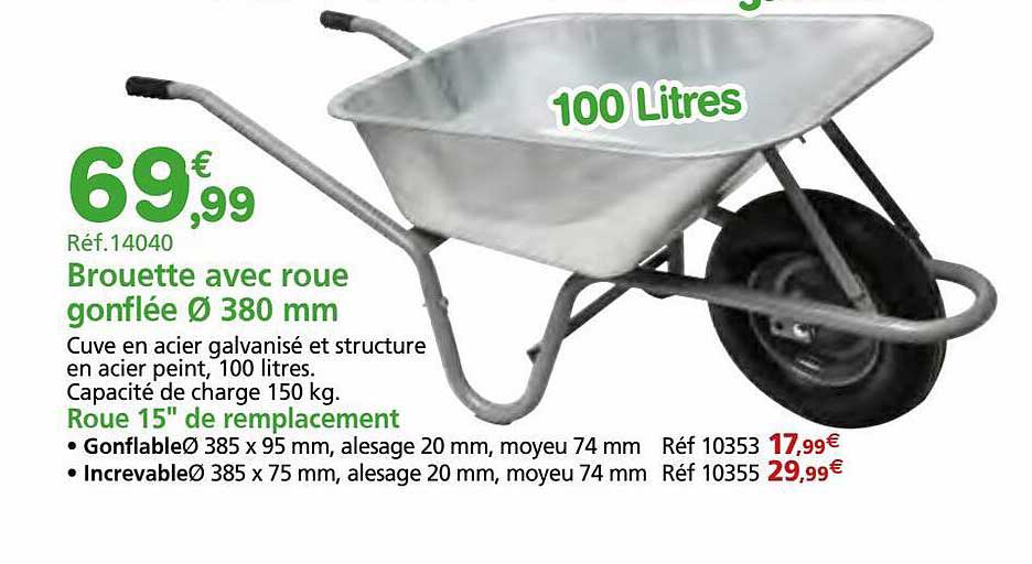 brouette avec roue gonflée ø 380 mm, roue 15" de remplacement