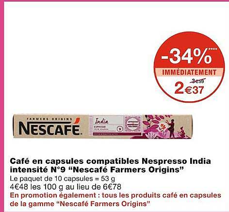 café en capsules compatibles nespresso india intensité n°9 "nescafé farmers origins"