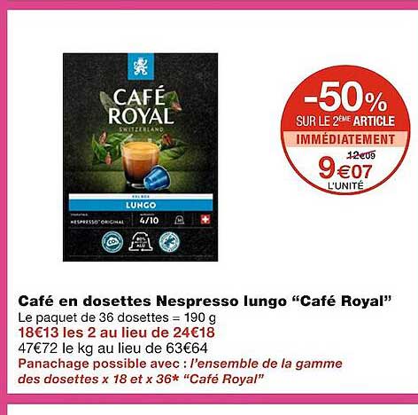 Café En Dosettes Nespresso Lungo "café Royal"