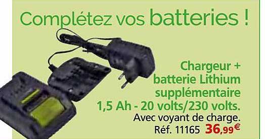 chargeur + batterie lithium supplémentaire 1,5Ah - 20 volts-230 volts