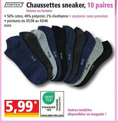 chaussettes sneaker, 10 paires femme ou homme toptex