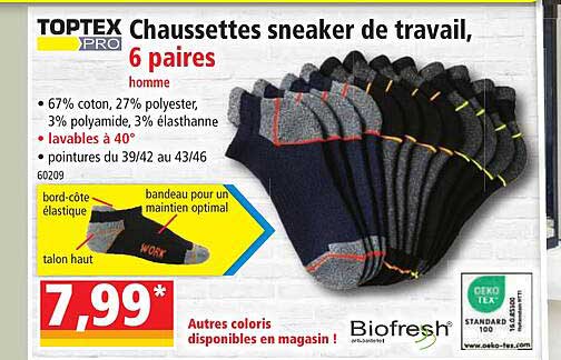chaussettes sneaker de travail, 6 paires homme toptex pro