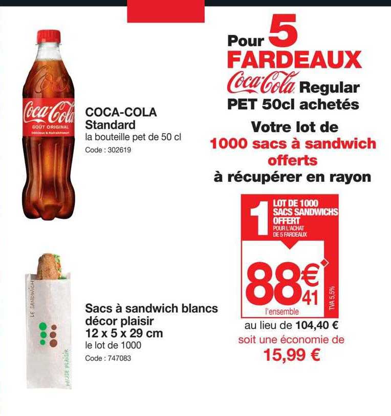 coca-cola standard, sacs à sandwich blancs décor plaisir 12 x 5 x 29 cm