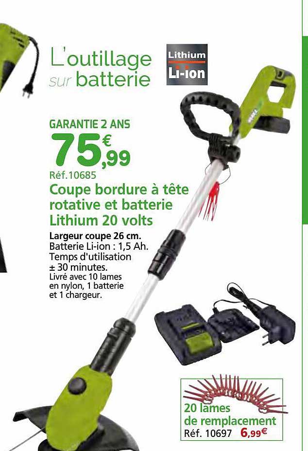 coupe bordure à tête rotative et batterie lithium 20 volts