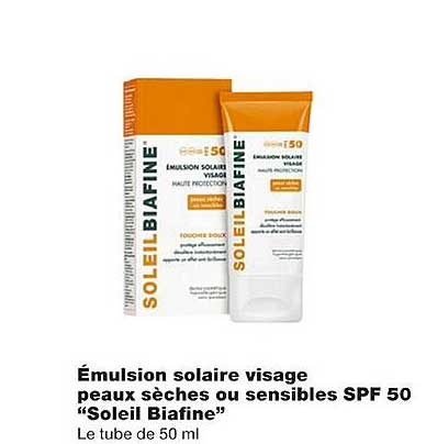 émulsion solaire visage peaux sèches ou sensibles spf 50 "soleil biafine"