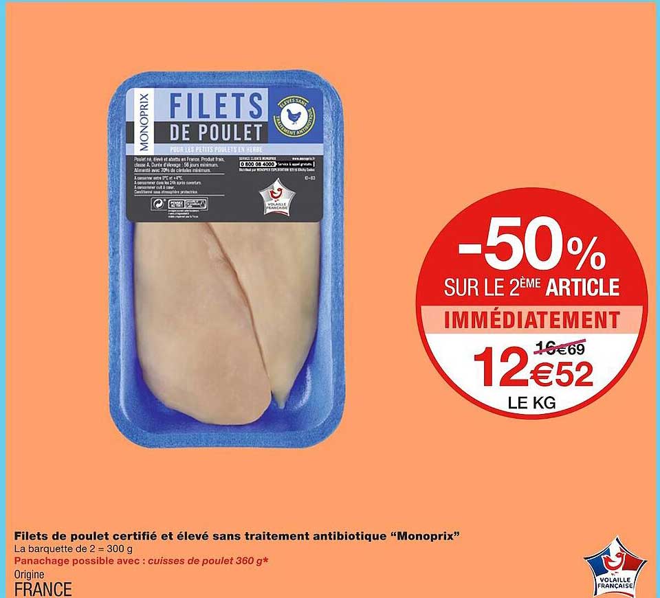 filets de poulet certifié et élevé sans traitement antibiotique "monoprix"