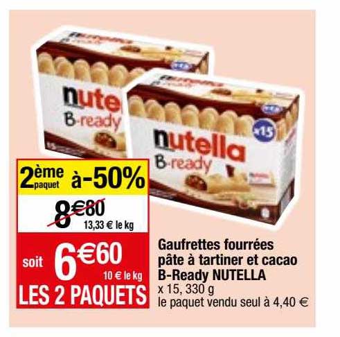 gaufrettes fourrées pâte à tartiner et cacao b-ready nutella
