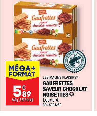 gaufrettes saveur chocolat noisettes les malins plaisirs