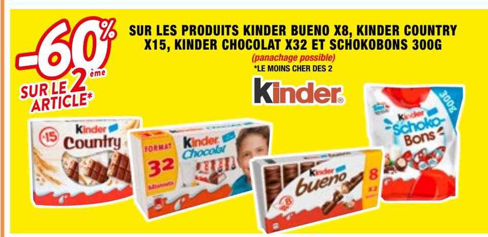 kinder bueno x8, country x15, kinder chocolat x32 et schokobons 300g